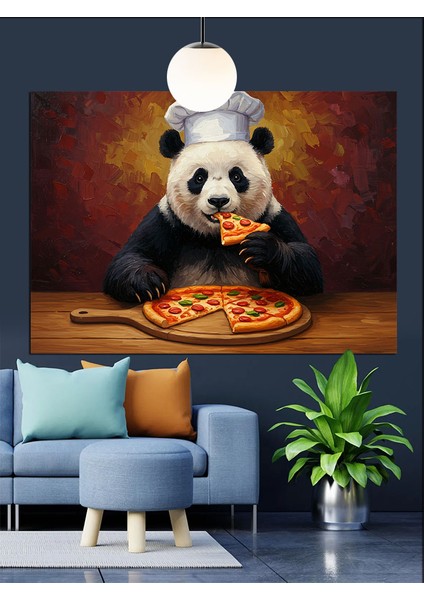 Pizza Yiyen Panda Dekoratif Kanvas - Mdf Ahşap Tablo