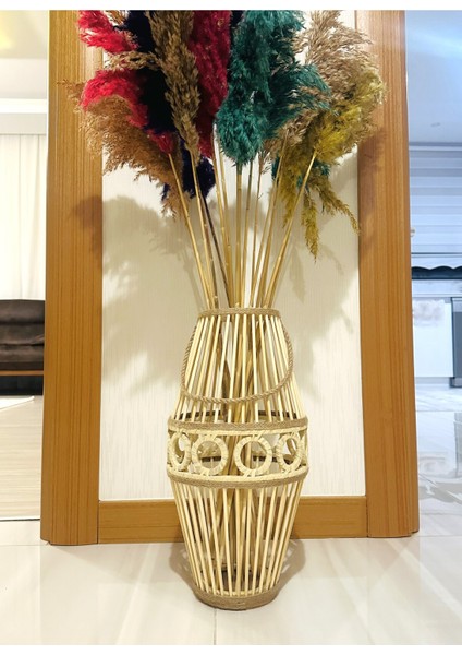 Bambu Çubuk El Yapımı Küp Motifli Doğal Vazo / Ahşap Pampas Vazo