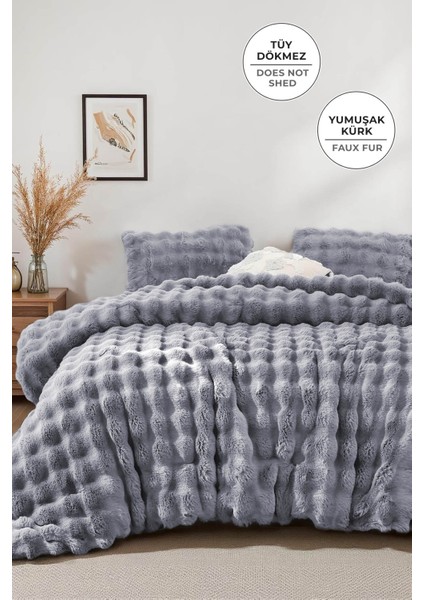 Kürk Yatak Örtüsü Çift Kişilik Dolgulu Peluş Yumuşak Çift Taraflı Yorgan 3 Parça Lory Gri