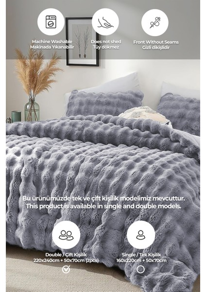 Kürk Yatak Örtüsü Çift Kişilik Dolgulu Peluş Yumuşak Çift Taraflı Yorgan 3 Parça Lory Gri fiyatları