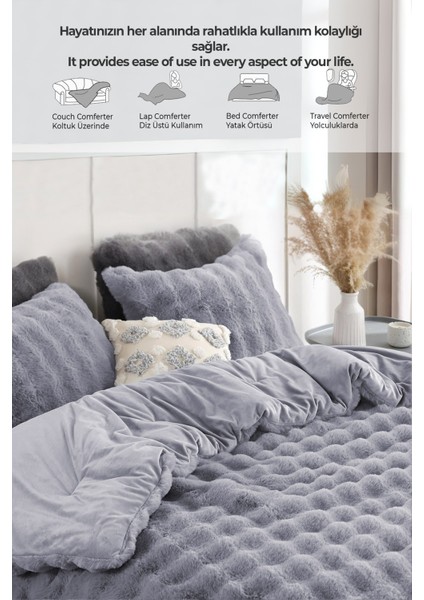 Kürk Yatak Örtüsü Çift Kişilik Dolgulu Peluş Yumuşak Çift Taraflı Yorgan 3 Parça Lory Gri fırsatları