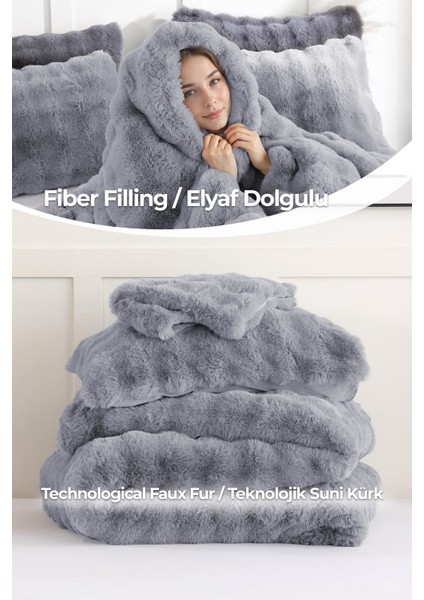 Kürk Yatak Örtüsü Çift Kişilik Dolgulu Peluş Yumuşak Çift Taraflı Yorgan 3 Parça Lory Gri indirimleri