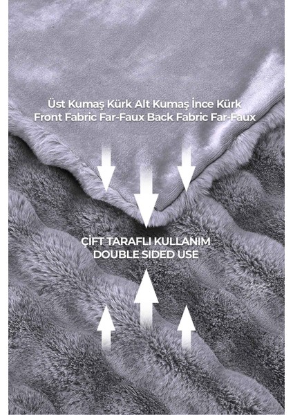 Kürk Yatak Örtüsü Çift Kişilik Dolgulu Peluş Yumuşak Çift Taraflı Yorgan 3 Parça Lory Gri