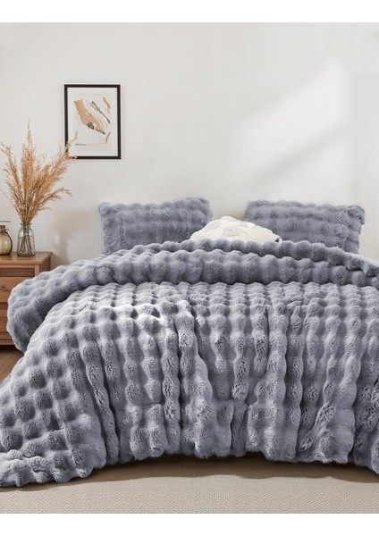 Kürk Yatak Örtüsü Çift Kişilik Dolgulu Peluş Yumuşak Çift Taraflı Yorgan 3 Parça Lory Gri