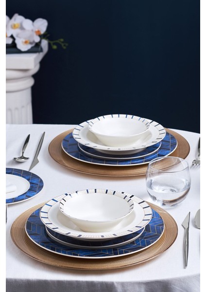 Porselen Yemek Takımı 24 Parça 6 Kişilik Mavi Desenli Yuvarlak Tabak Seti indirimleri