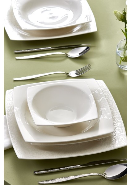 24 Parça 6 Kişilik Beyaz Porselen Kare Tabaklı Sade Tasarım Yemek Takımı Mikrodalga Uyumlu indirimleri