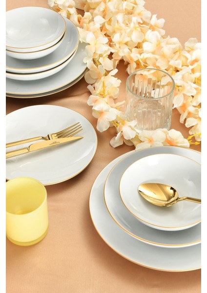 24 Parça 6 Kişilik Beyaz Altın Kenarlı Mikrodalga Uyumlu Şık Yemek Takımı fırsatları