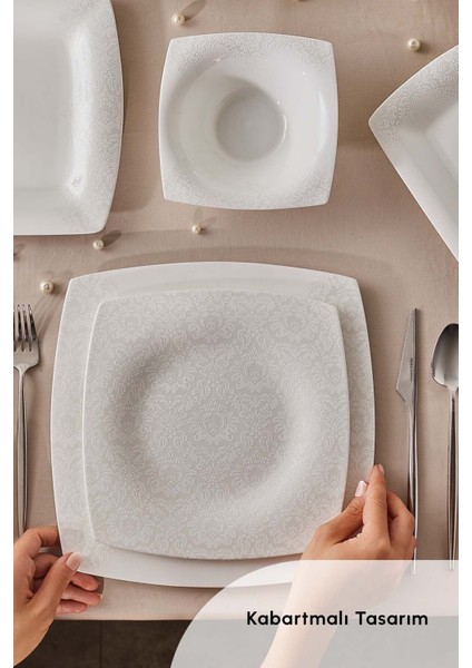 Fine Pearl Helen 62 Parça 12 Kişilik Beyaz Porselen Kare Tabaklı Şık Yemek Takımı