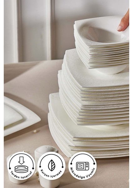 Fine Pearl Helen 62 Parça 12 Kişilik Beyaz Porselen Kare Tabaklı Şık Yemek Takımı