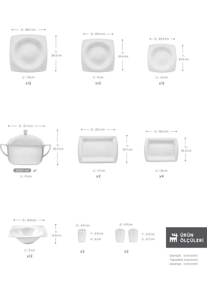 Fine Pearl Helen 62 Parça 12 Kişilik Beyaz Porselen Kare Tabaklı Şık Yemek Takımı