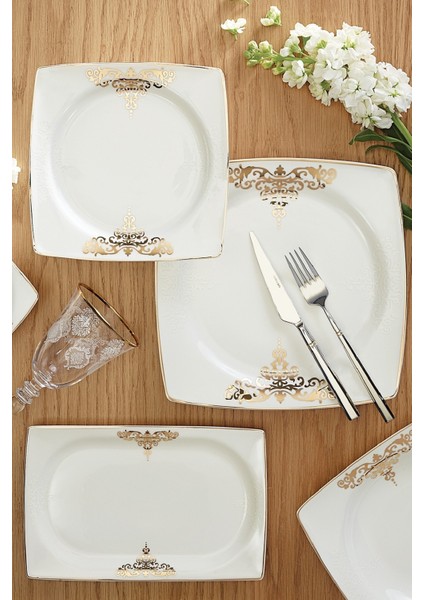 Fine Bone Topkapı Gold 61 Parça 12 Kişilik Beyaz Desenli Kare Porselen Yemek Takımı indirimleri