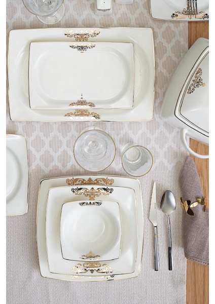 Fine Bone Topkapı Gold 61 Parça 12 Kişilik Beyaz Desenli Kare Porselen Yemek Takımı