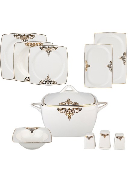 Fine Bone Topkapı Gold 61 Parça 12 Kişilik Beyaz Desenli Kare Porselen Yemek Takımı