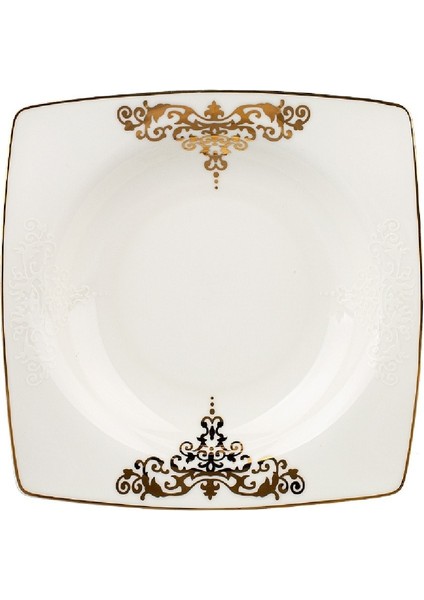 Fine Bone Topkapı Gold 61 Parça 12 Kişilik Beyaz Desenli Kare Porselen Yemek Takımı