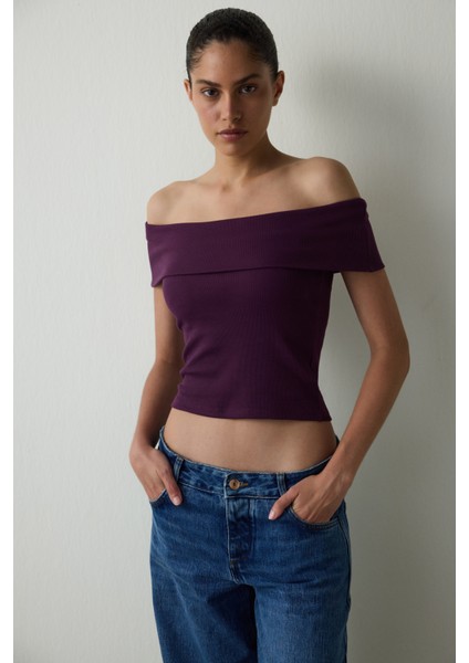 Cupsecret Kendinden Pedli Mor Foldable Madonna Yaka Kolsuz Slim Fit Üst modelleri