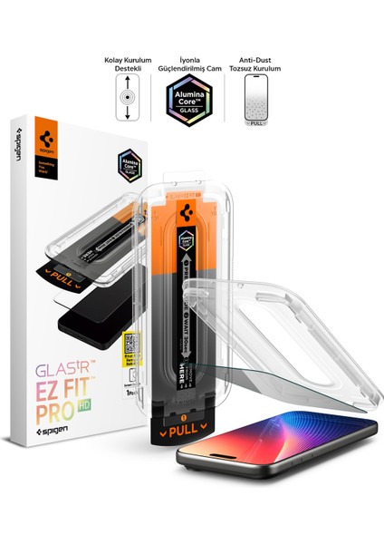 iPhone 17 Pro Max / 16 Pro Max ile uyumlu Hayalet Cam Ekran Koruyucu AluminaCore™ iyonlaştırılmış Güçlendirilmiş Cam Teknolojisi Anti-Dust Kolay Kurulum Glas.tR EZ Fit Pro HD Privacy - AGL10096