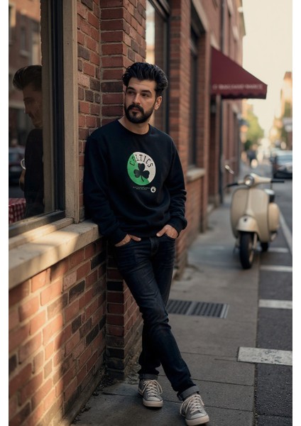 Siyah Bisiklet Yaka Erkek Baskılı Sweatshirt