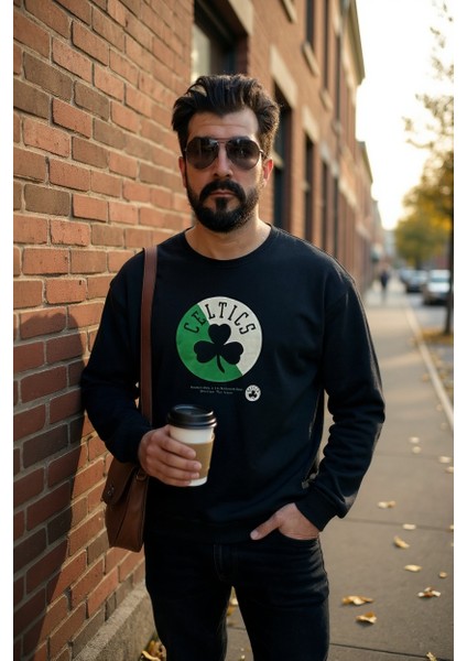 Siyah Bisiklet Yaka Erkek Baskılı Sweatshirt fırsatları