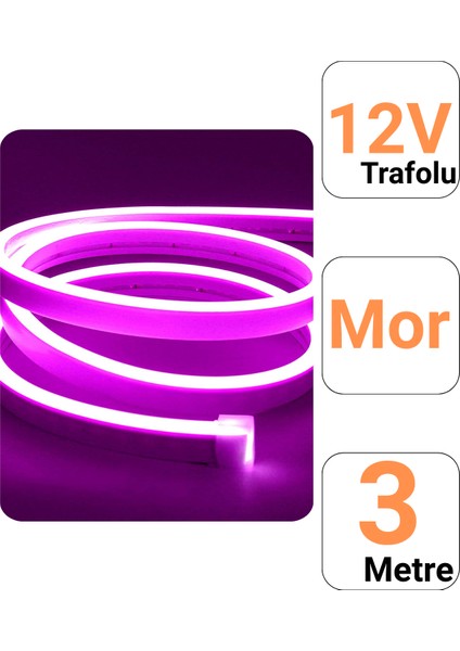 12V 3 Metre Mor Neon Led Şerit Işık | Prize Tak Çalıştır | Anahtarlı Fişli 1.5M Kablo | Esnek Silikonlu Led modelleri