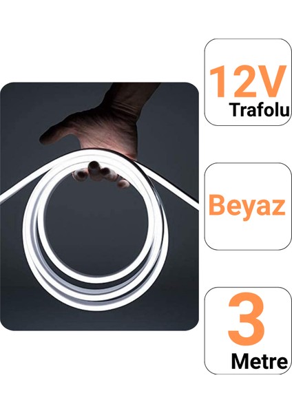 12V 3 Metre Beyaz Neon Led Şerit Işık | Prize Tak Çalıştır | Anahtarlı Fişli 1.5M Kablo | Esnek Silikonlu Led modelleri