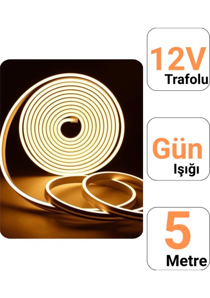 12V 5 Metre Gün Işığı Neon Led Şerit Işık | Prize Tak Çalıştır | Anahtarlı Fişli 1.5M Kablo | Esnek Silikonlu Led fiyatları