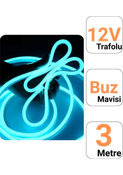 12V 3 Metre Buz Mavisi Neon Led Şerit Işık | Prize Tak Çalıştır | Anahtarlı Fişli 1.5M Kablo | Esnek Silikonlu Led fiyatları