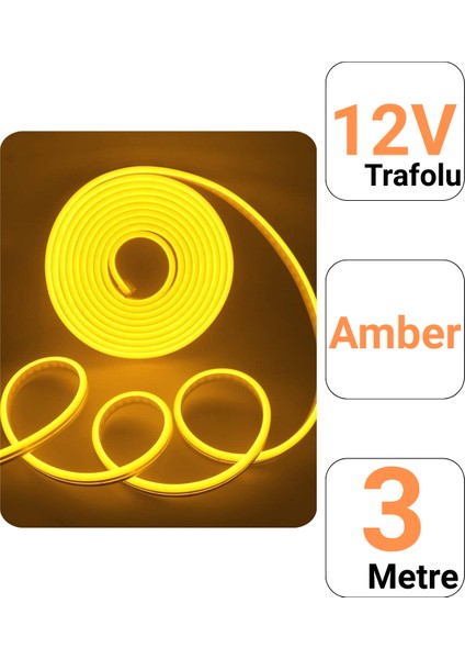 12V 3 Metre Amber Neon Led Şerit Işık | Prize Tak Çalıştır | Anahtarlı Fişli 1.5M Kablo | Esnek Silikonlu Led modelleri