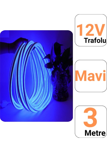 12V 3 Metre Mavi Neon Led Şerit Işık | Prize Tak Çalıştır | Anahtarlı Fişli 1.5M Kablo | Esnek Silikonlu Led fiyatları