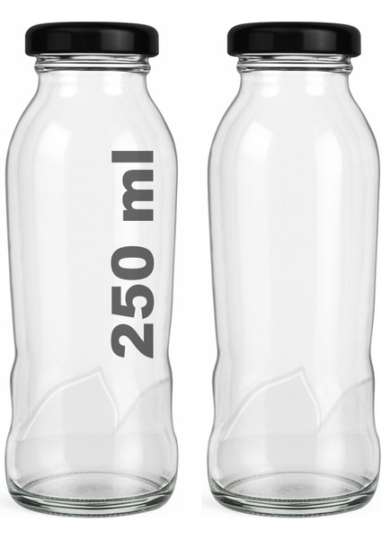 250 ml Dalga Desenli Şeffaf Meyve Suyu, Limonata Şişesi Metal Siyah Kapaklı 250 cc Boş Cam Şişe 2 Adet