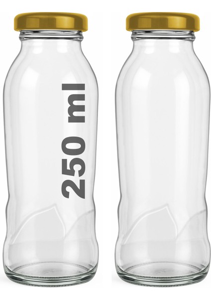 250 ml Dalga Desenli Şeffaf Meyve Suyu, Limonata Şişesi Metal Gold Kapaklı 250 cc Boş Cam Şişe 2 Adet