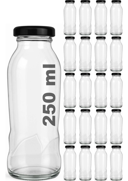 250 ml Dalga Desenli Şeffaf Meyve Suyu, Limonata Şişesi Metal Siyah Kapaklı 250 cc Boş Cam Şişe 20 Adet