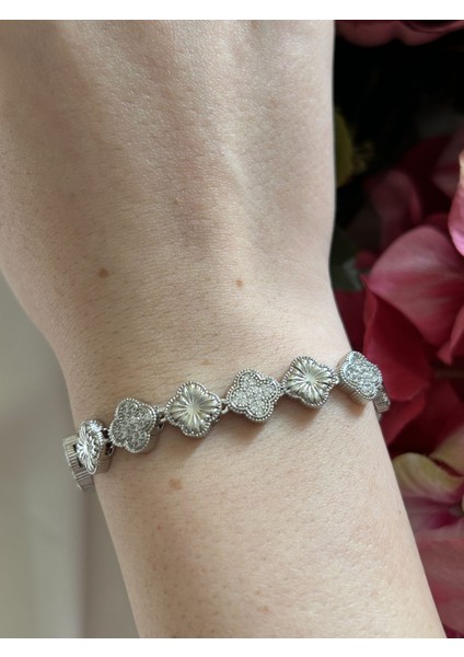 Gümüş Yonca Tam Tur Bileklik