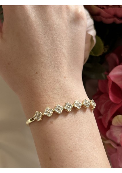 Zirkon Taşlı Sıralı Yonca Bileklik