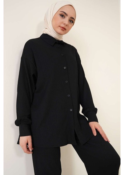 Kadın BDART Oversized Dokulu İki Parça Takım Gömlek Yaka Black