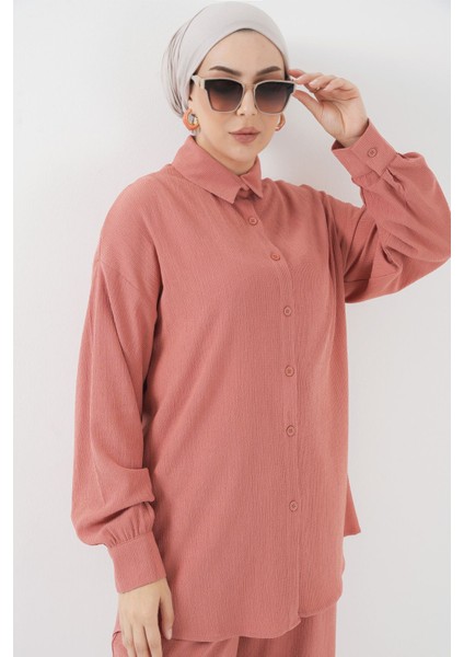 Kadın BDART Oversized Dokulu İki Parça Takım Gömlek Yaka Tozlu Gül Pembesi