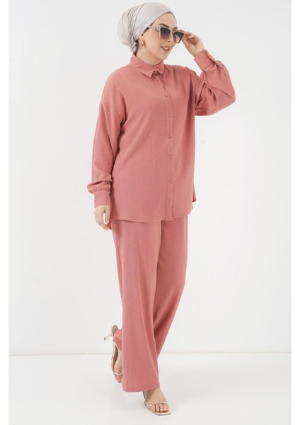 Kadın BDART Oversized Dokulu İki Parça Takım Gömlek Yaka Tozlu Gül Pembesi
