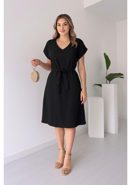 Kadın Kısa Kollu V Yakalı Beli Kuşaklı Ithal Keten Elbise