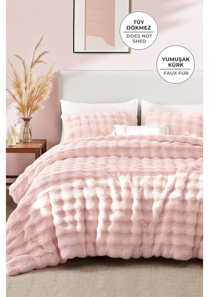 Kürk Yorgan Çift Kişilik Dolgulu Peluş Yumuşak Wellsoft Çift Taraflı Yatak Örtüsü 3 Parça Set