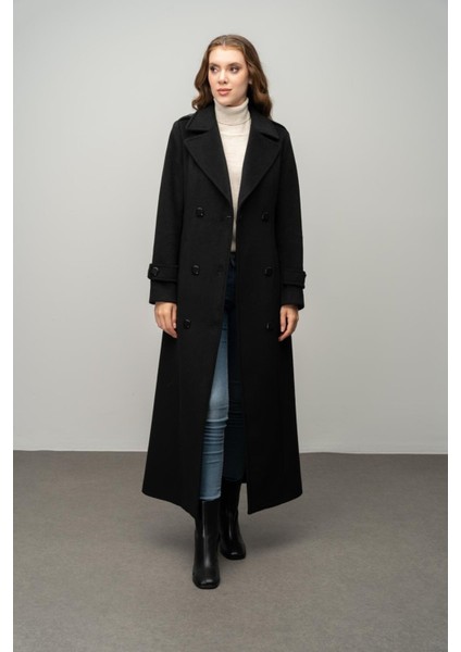 Apolet Detaylı Kruvaze Uzun Boy Kaban Siyah 3056