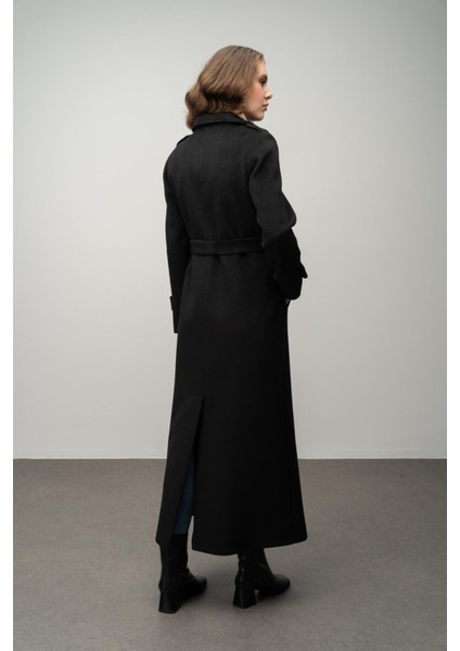 Apolet Detaylı Kruvaze Uzun Boy Kaban Siyah 3056