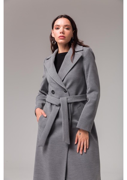 Kruvaze Belden Bağlamalı Ara Boy Kaban Gri 3754