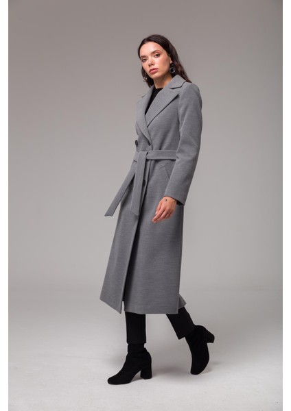Kruvaze Belden Bağlamalı Ara Boy Kaban Gri 3754