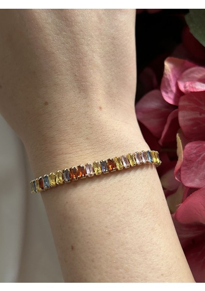 Renkli Zirkon Taşlı Gold Bileklik