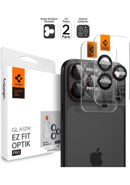 iPhone 17 Pro Max / 17 Pro / 16 Pro Max / 16 Pro / 15 Pro Max / 15 Pro / 14 Pro Max / 14 Pro ile uyumlu Kamera Lens Camı Koruyucu Kolay Kurulum Glas.tR EZ Fit Optik Pro L-Serisi 2 Adet AGL05217