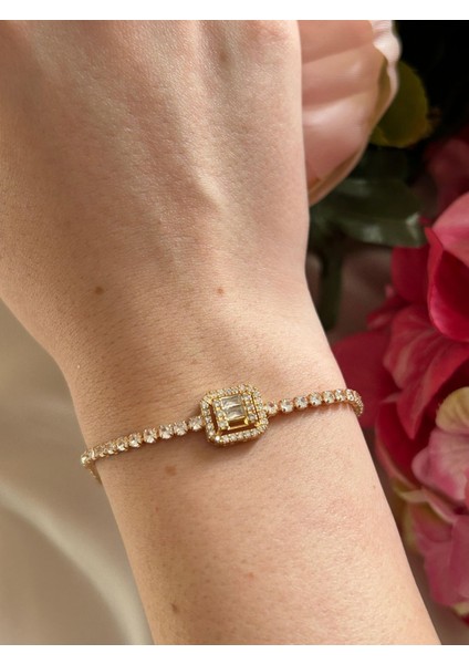 Baget Taş Detaylı Gold Bileklik