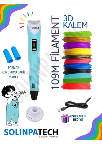 MAVİ 3D Pen Üç Boyutlu Yazıcı Kalem Printer (Çok Renkli Filament -109 Metre- ve USB Kablo Dahil)