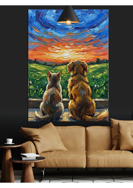 Günbatımı Kedi Köpek Dekoratif Kanvas - Mdf Ahşap Tablo fırsatları