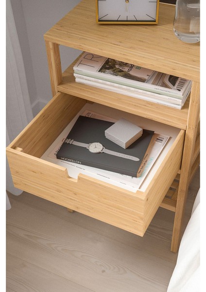 Bambu Raflı Çekmeceli Başucu Yatak Odası Yan Sehpa Şifonyer Düzenleyici Komodin DB-0047 fiyatları