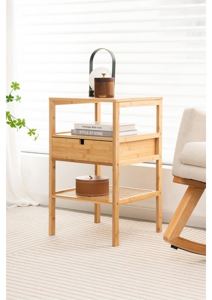 Bambu Raflı Çekmeceli Başucu Yatak Odası Yan Sehpa Şifonyer Düzenleyici Komodin DB-0047 indirimleri