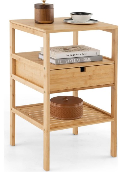 Bambu Raflı Çekmeceli Başucu Yatak Odası Yan Sehpa Şifonyer Düzenleyici Komodin DB-0047